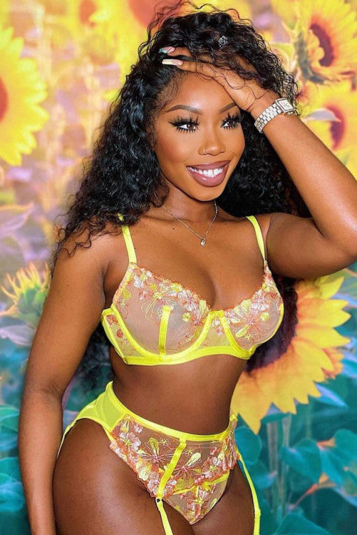 Yellow Floral Embroidered Strappy Three Pieces Lingerie Set
