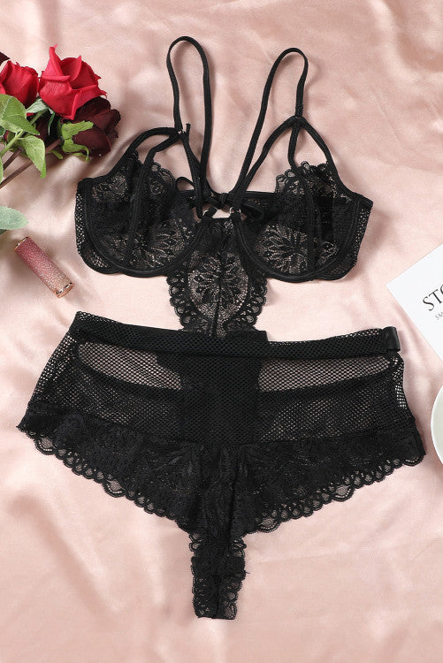 Black Plus Fishnet Lace Hollow-out Teddy Lingerie